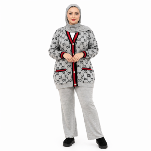 Ensemble Femme Cardigan Gris Motif Élégant – Tenue Confort Chic avec Pantalon Large
