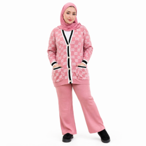 Ensemble Femme Rose Cardigan Motif Chic – Tenue Confort Élégante avec Pantalon Large