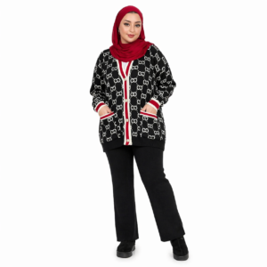 Ensemble Femme Noir Cardigan Motif Élégant – Tenue Confort Chic avec Détails Rouges