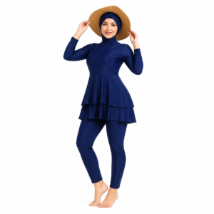 Burkini femme bleu élégant – Maillot de bain modeste 3 pièces avec jupe fluide