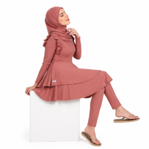Burkini femme rose poudré – Maillot de bain modeste élégant 3 pièces avec jupe fluide