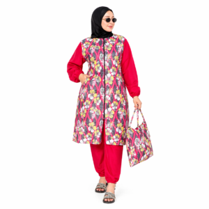 Burkini femme fleuri rouge – Maillot de bain modeste avec veste zippée et sac assorti