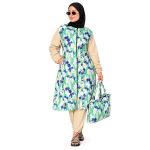 Burkini femme fleuri vert & beige – Ensemble modeste avec veste zippée et sac assorti