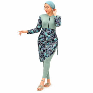 Maillot de bain couvrant femme vert d’eau – Motifs tropicaux élégants